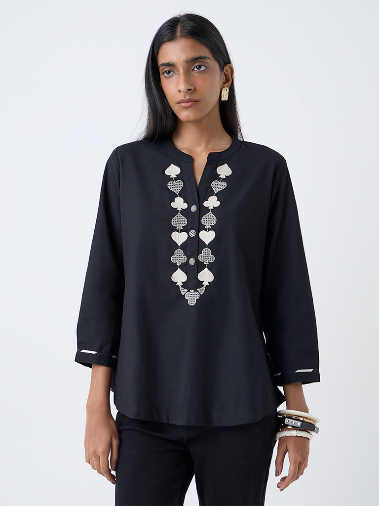Utsa Black Embroidered Cotton-Blend Tunic