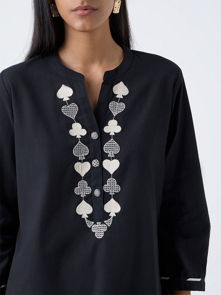 Utsa Black Embroidered Cotton-Blend Tunic - Image 3