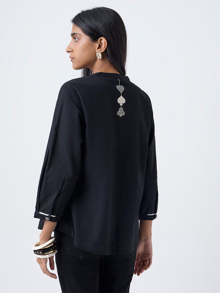 Utsa Black Embroidered Cotton-Blend Tunic - Image 4