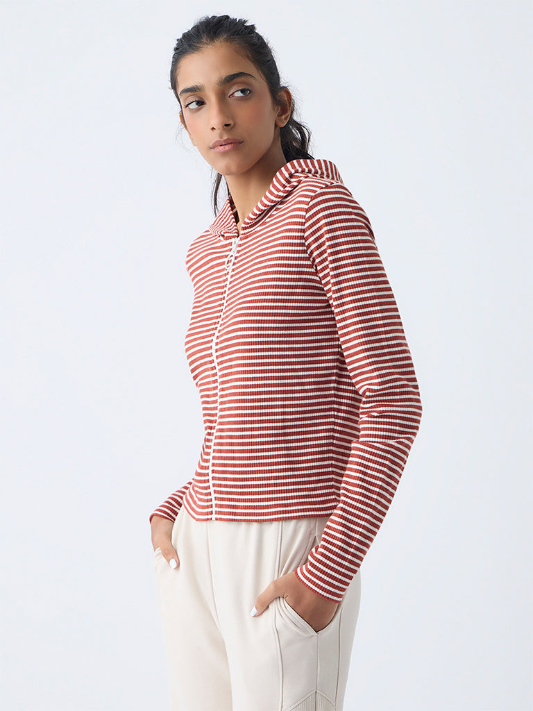 Studiofit Rust Striped Cotton-Blend Hooded Jacket - Image 2