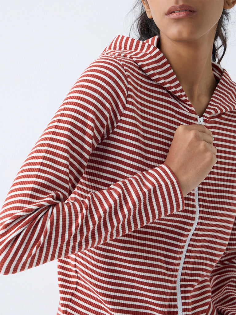 Studiofit Rust Striped Cotton-Blend Hooded Jacket - Image 3