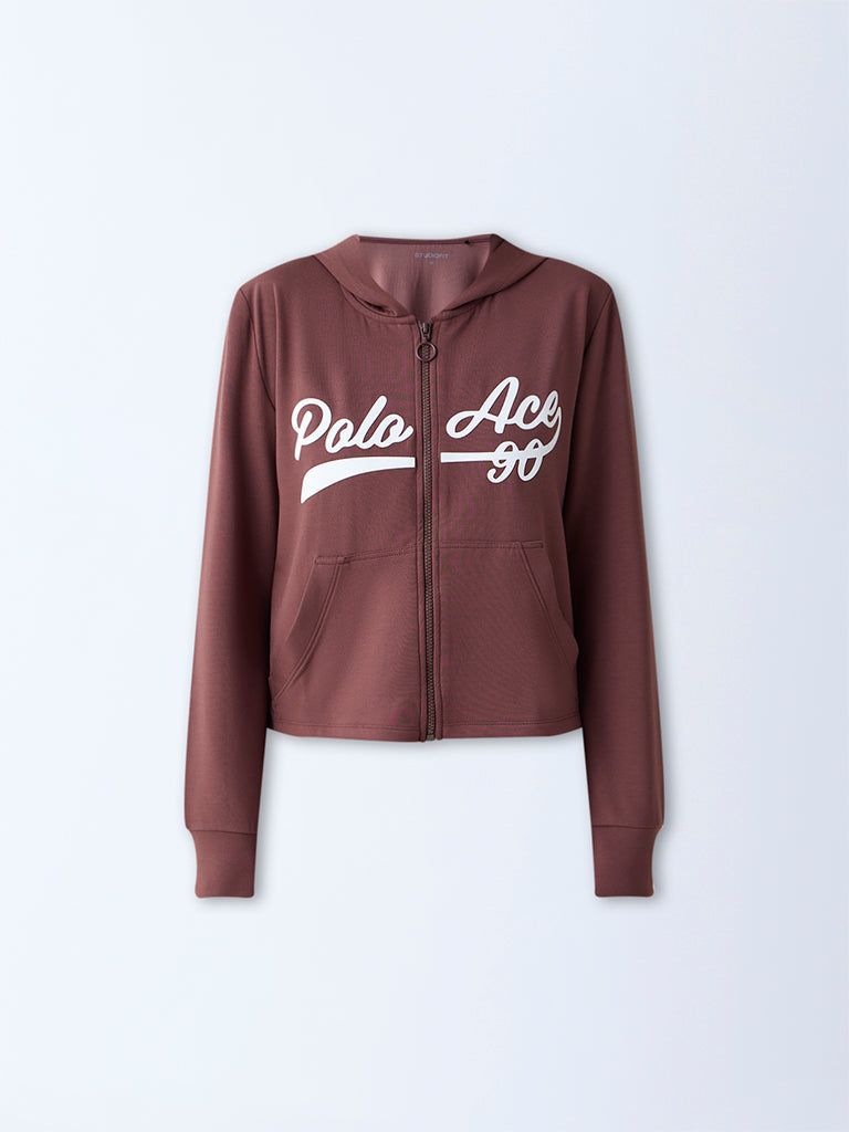 Studiofit Brown Text-Printed Jacket - Image 5