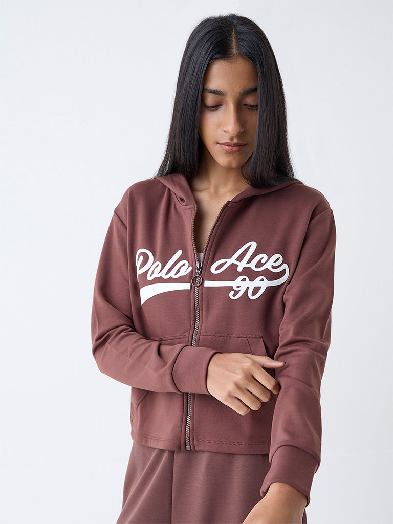 Studiofit Brown Text-Printed Jacket - Image 2