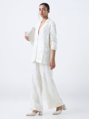 Wardrobe White Sequin Embellished High-Rise Trousers
