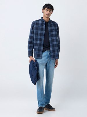 WES Casuals Navy Checks Pattern Relaxed-Fit Cotton Shirt