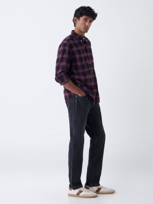 WES Casuals Wine Checks Relaxed Fit Cotton Shirt