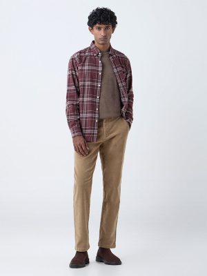WES Casuals Wine Checkered Relaxed-Fit Cotton Shirt