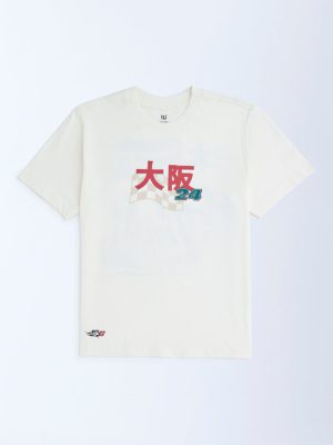 Y&F Kids Off-White Printed Cotton T-Shirt