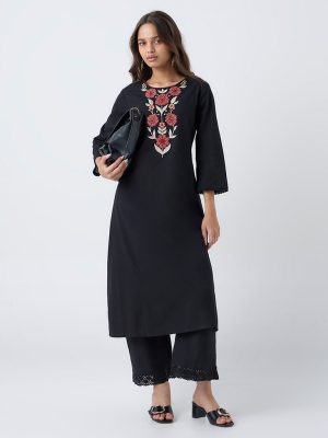 Utsa Black Floral Embroidered Cotton-Blend A-Line Kurta