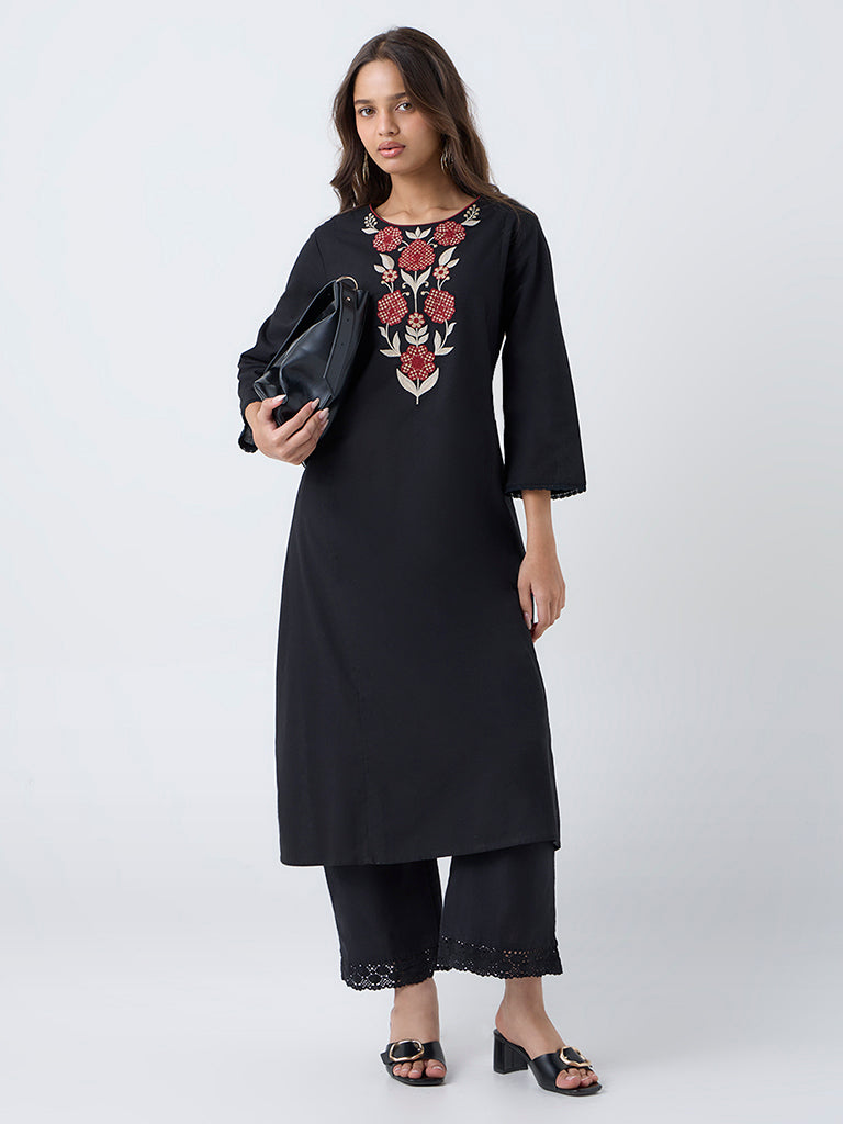 Utsa Black Floral Embroidered Cotton-Blend A-Line Kurta