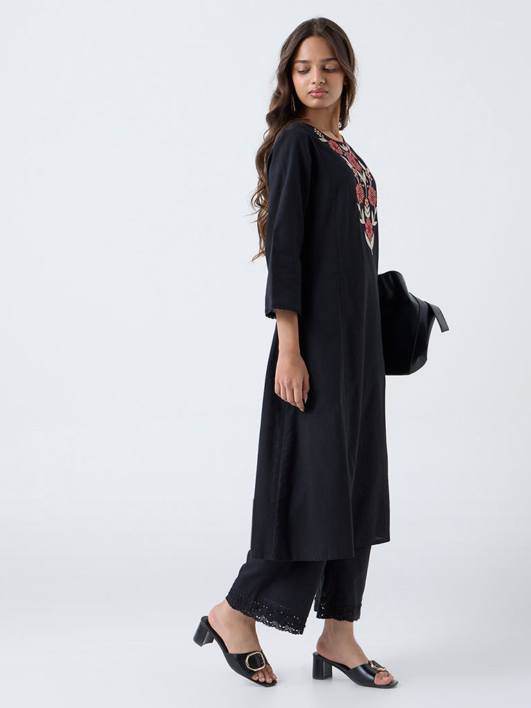 Utsa Black Floral Embroidered Cotton-Blend A-Line Kurta - Image 2