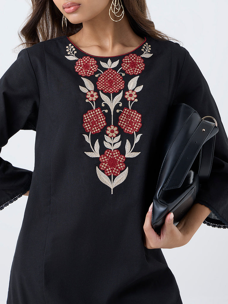 Utsa Black Floral Embroidered Cotton-Blend A-Line Kurta - Image 3
