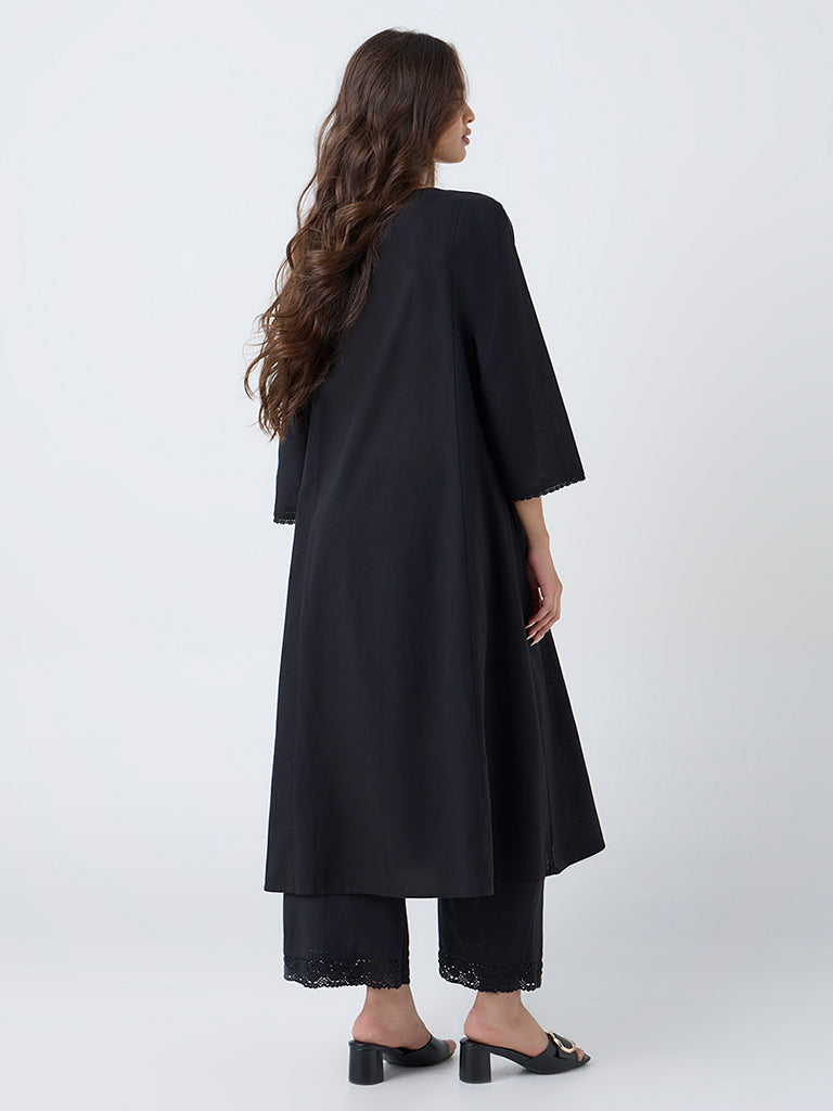 Utsa Black Floral Embroidered Cotton-Blend A-Line Kurta - Image 4
