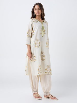 Utsa Off-White Floral Pattern Cotton Straight Kurta