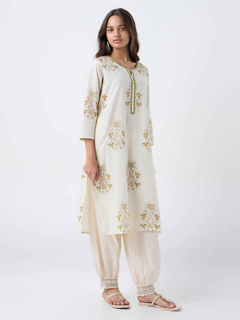 Utsa Off-White Floral Pattern Cotton Straight Kurta