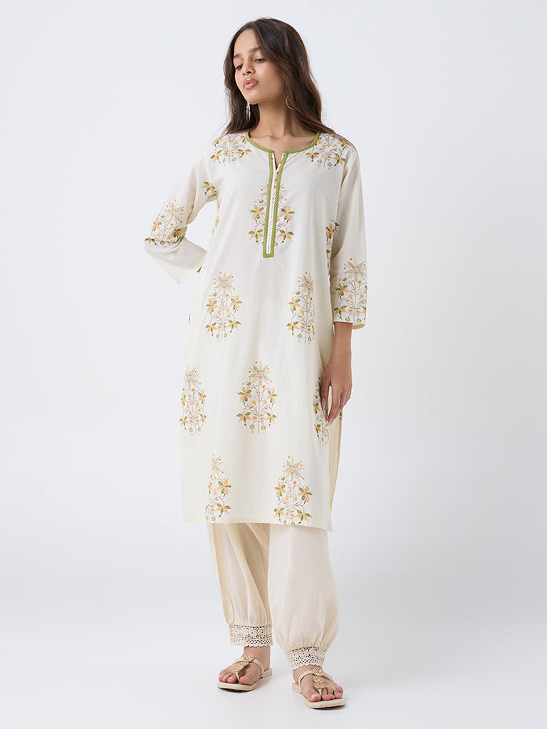 Utsa Off-White Floral Pattern Cotton Straight Kurta - Image 2