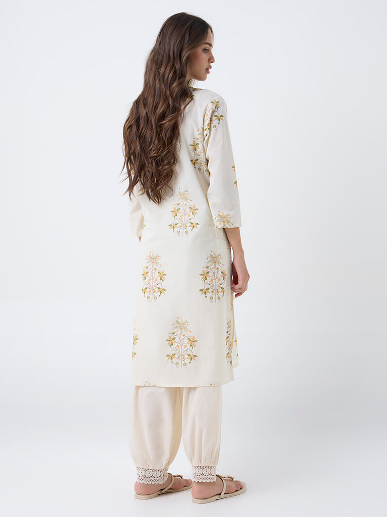 Utsa Off-White Floral Pattern Cotton Straight Kurta - Image 4