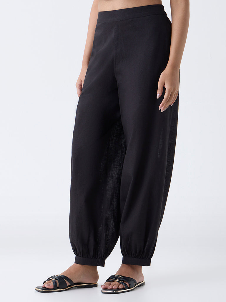 Utsa Black Harem-Style Cotton Pants