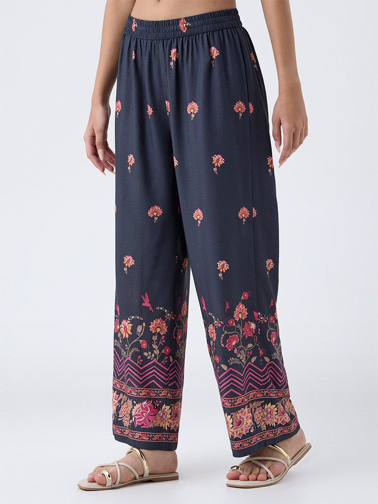Utsa Black Floral Printed Pants