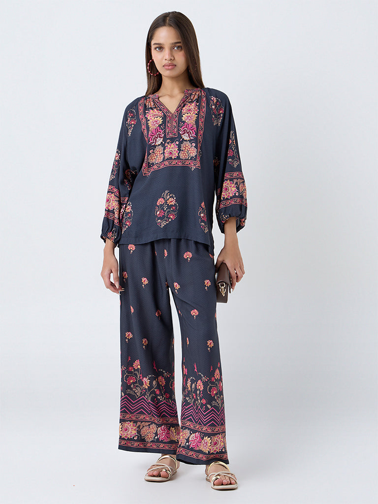 Utsa Black Floral Printed Pants - Image 2