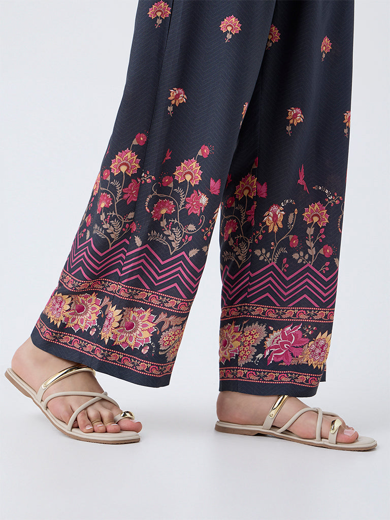 Utsa Black Floral Printed Pants - Image 3