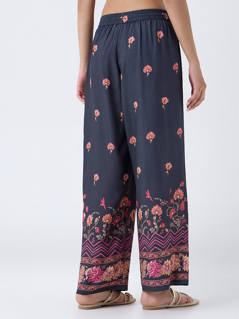 Utsa Black Floral Printed Pants - Image 4