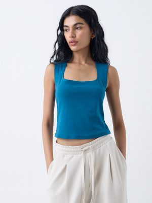 Superstar Teal Solid Cotton-Blend Tank Top