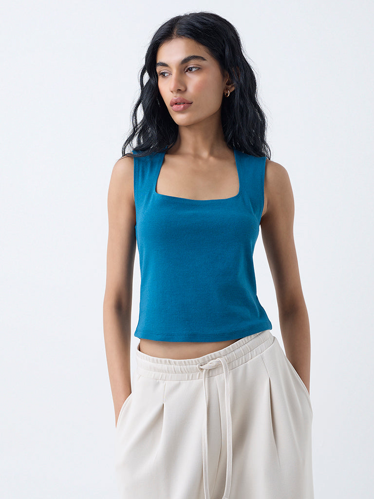 Superstar Teal Solid Cotton-Blend Tank Top