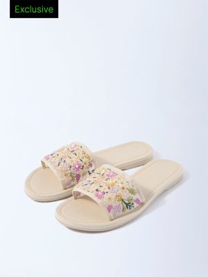 LUNA BLU Cream Floral Embroidered Slides - Exclusive