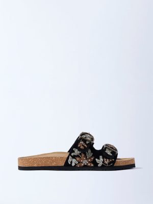 LUNA BLU Black Floral Embroidered Sandals