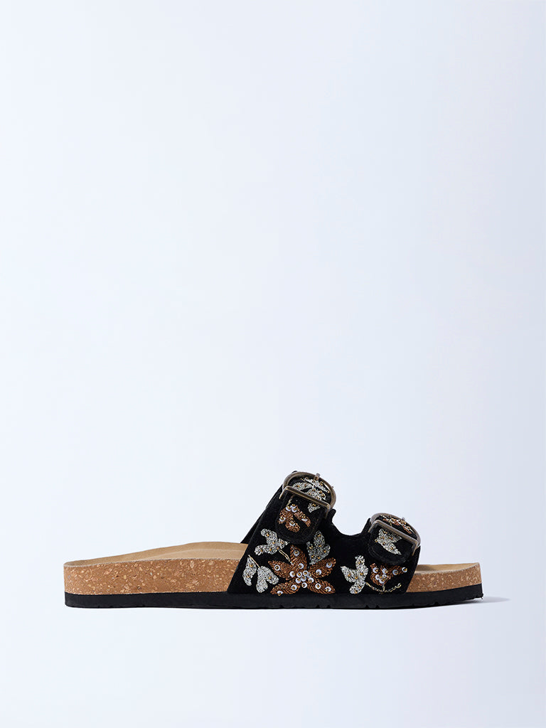 LUNA BLU Black Floral Embroidered Sandals