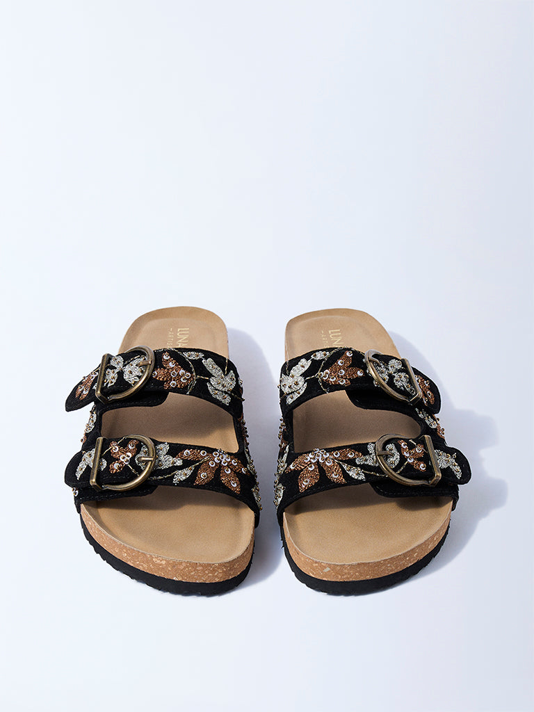 LUNA BLU Black Floral Embroidered Sandals - Image 3