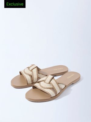 LUNA BLU Taupe Raffia-Textured Multi-Strap Slides - Exclusive