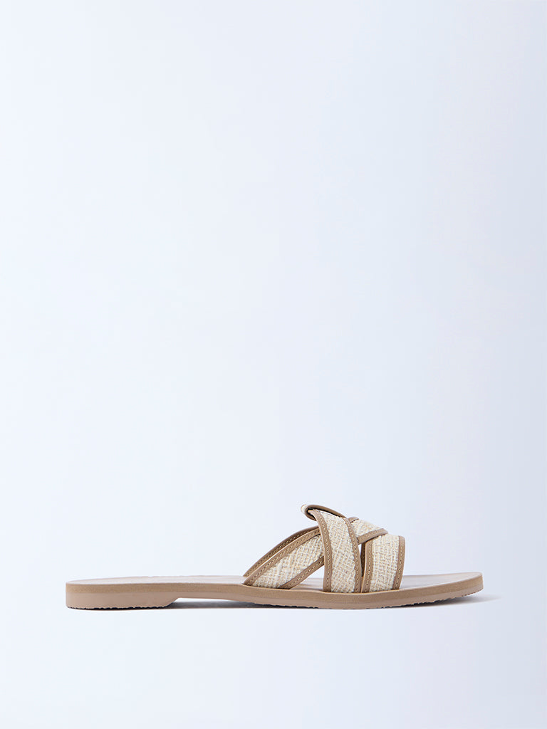 LUNA BLU Taupe Raffia-Textured Multi-Strap Slides - Exclusive - Image 2