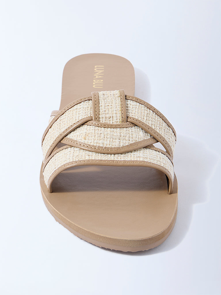 LUNA BLU Taupe Raffia-Textured Multi-Strap Slides - Exclusive - Image 3