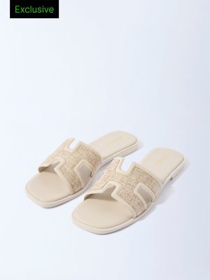 LUNA BLU Ivory Raffia-Textured Slides - Exclusive