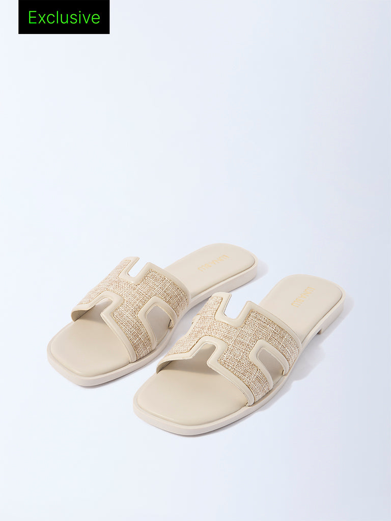 LUNA BLU Ivory Raffia-Textured Slides - Exclusive