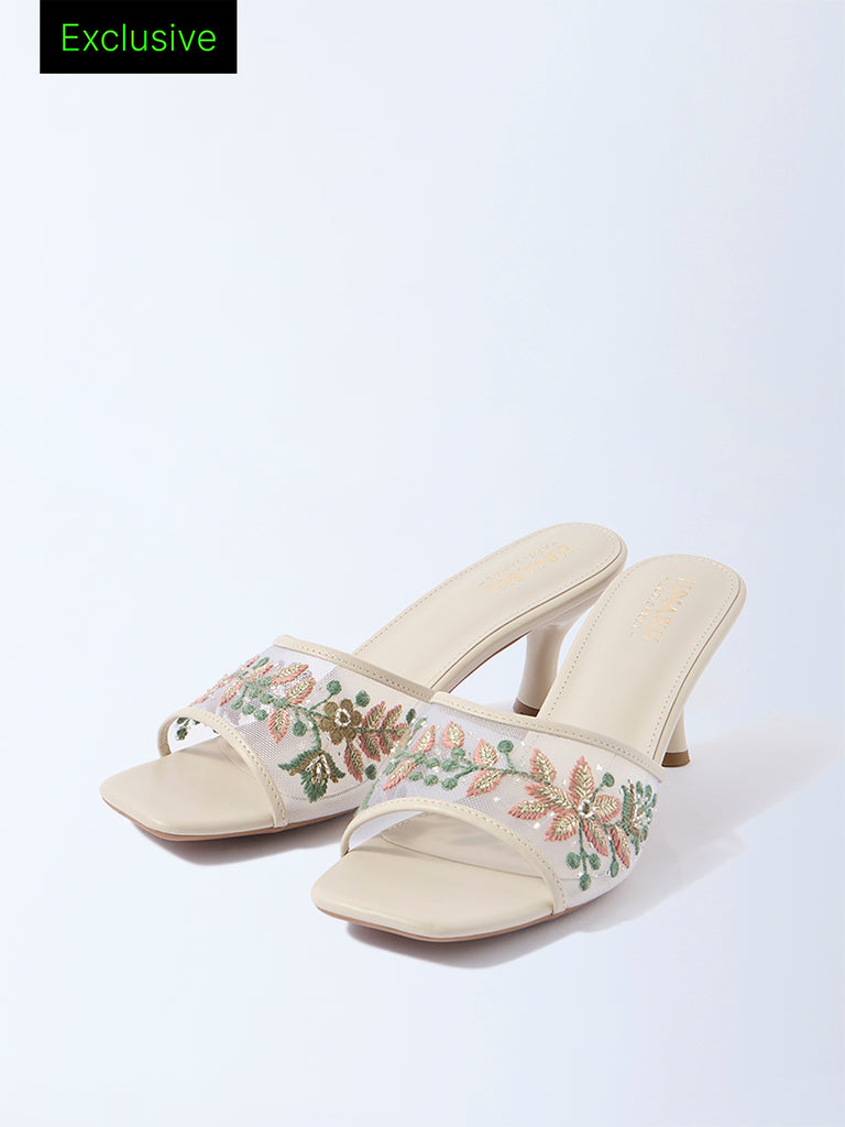 LUNA BLU Ivory Floral Embroidered Kitten Heel Sandals - Exclusive