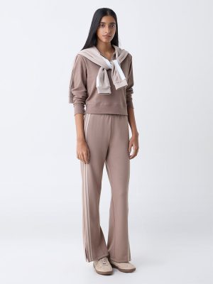 Studiofit Beige Solid High-Rise Cotton-Blend Pants
