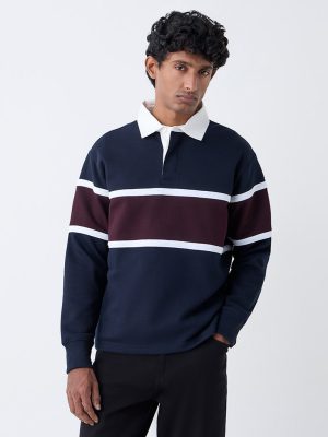 WES Casuals Navy Colour-Blocked Relaxed-Fit Polo T-Shirt