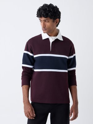 WES Casuals Wine Colour-Blocked Relaxed-Fit Polo T-Shirt