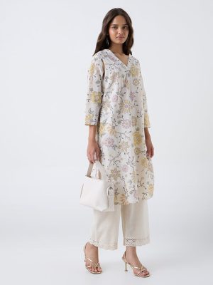 Utsa Off-White Floral Printed Cotton Straight Kurta