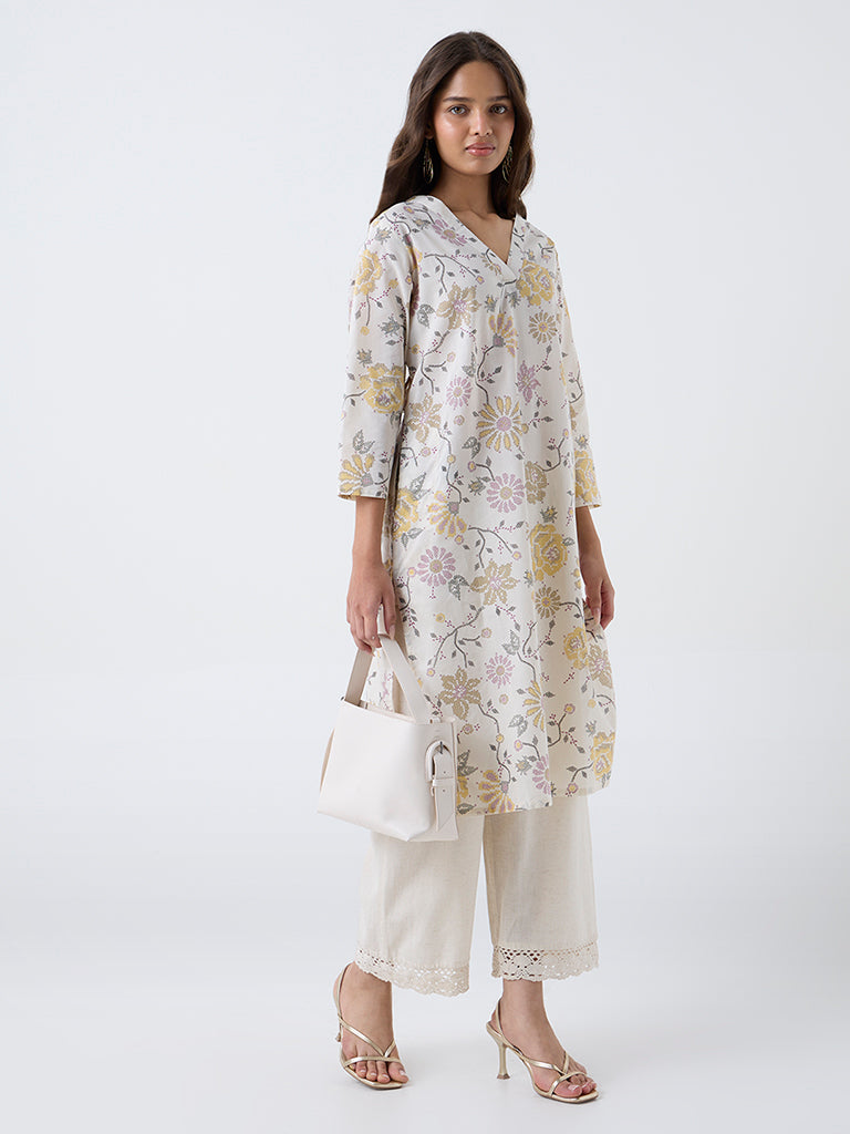 Utsa Off-White Floral Printed Cotton Straight Kurta