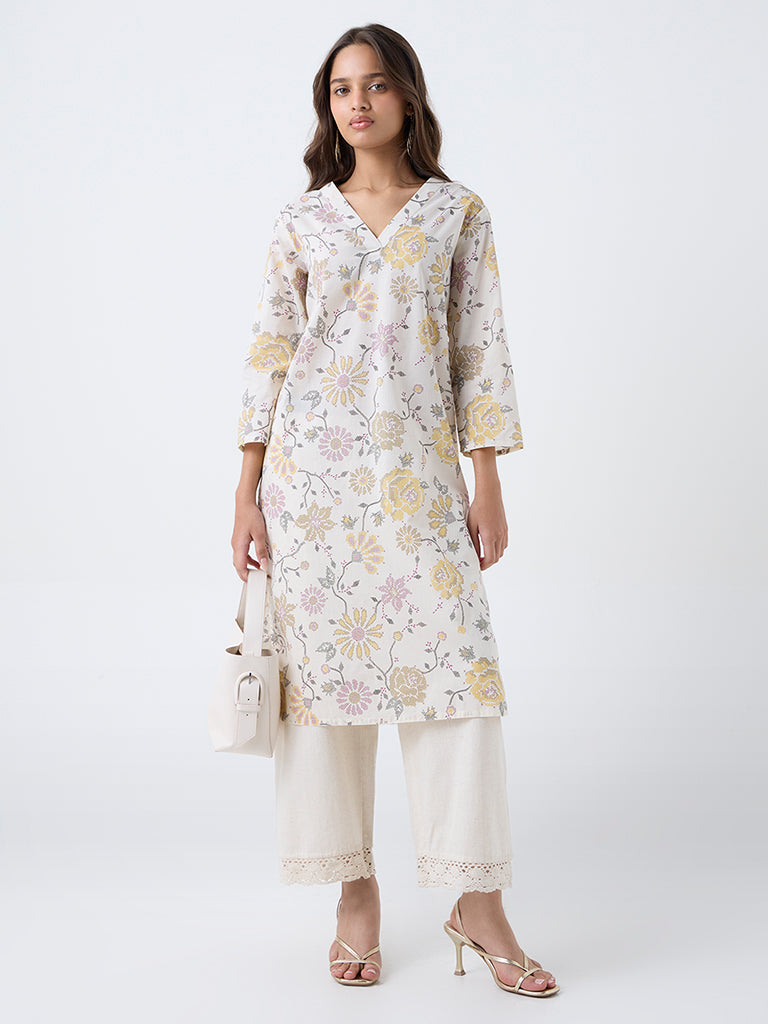 Utsa Off-White Floral Printed Cotton Straight Kurta - Image 2