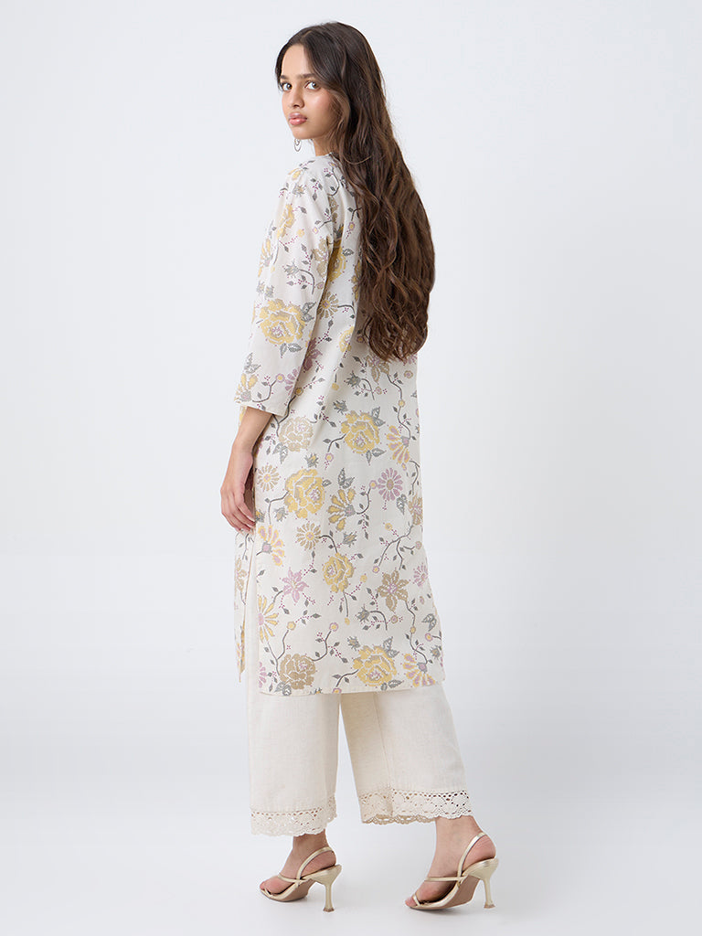 Utsa Off-White Floral Printed Cotton Straight Kurta - Image 4