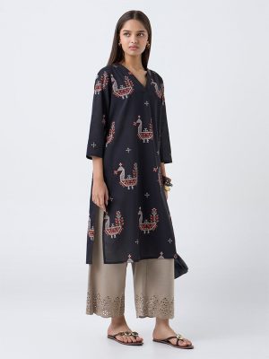 Utsa Black Peacock Printed Cotton Straight Kurta