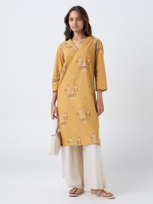 Utsa Mustard Printed Cotton Straight Kurta