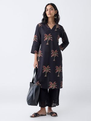Utsa Black Nature-Inspired Cotton Straight Kurta