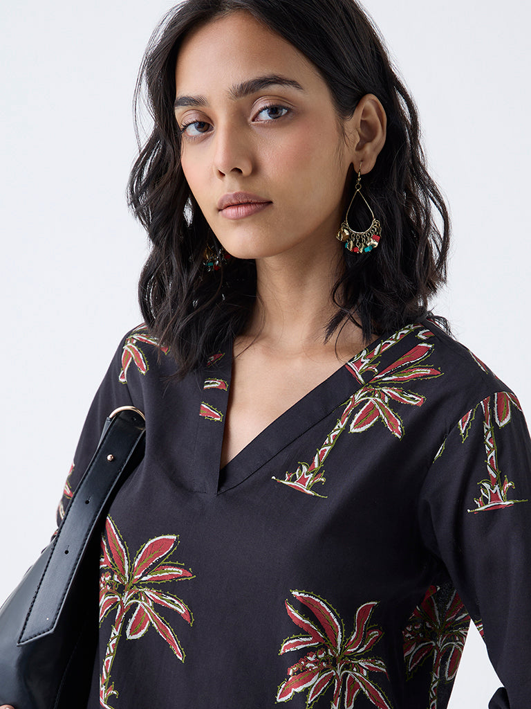 Utsa Black Nature-Inspired Cotton Straight Kurta - Image 3