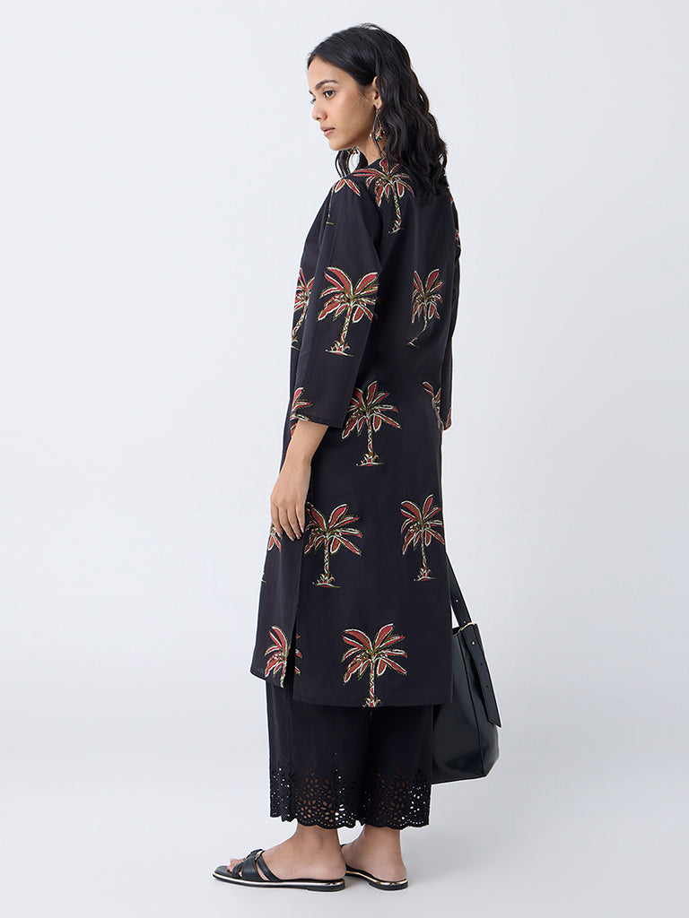 Utsa Black Nature-Inspired Cotton Straight Kurta - Image 4